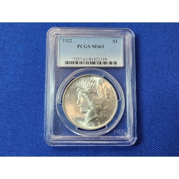 1922 Silver Peace Dollar Graded PCGS MS 63