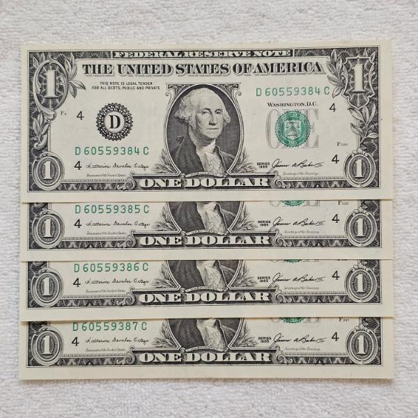 Consecutive, Uncirculated Series 1985 United States One-Dollar Bills FV: $4.00