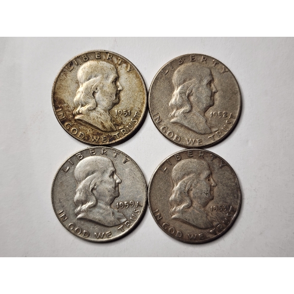 Four Benjamin Franklin 90% Silver United States Half Dollars ~ $2.00 Face Value