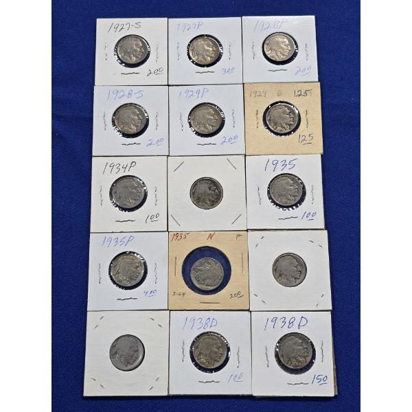Lot of (15) Assorted Indian Head Buffalo Nickels - Dates Ranging 1927-1938 - FV: $0.75