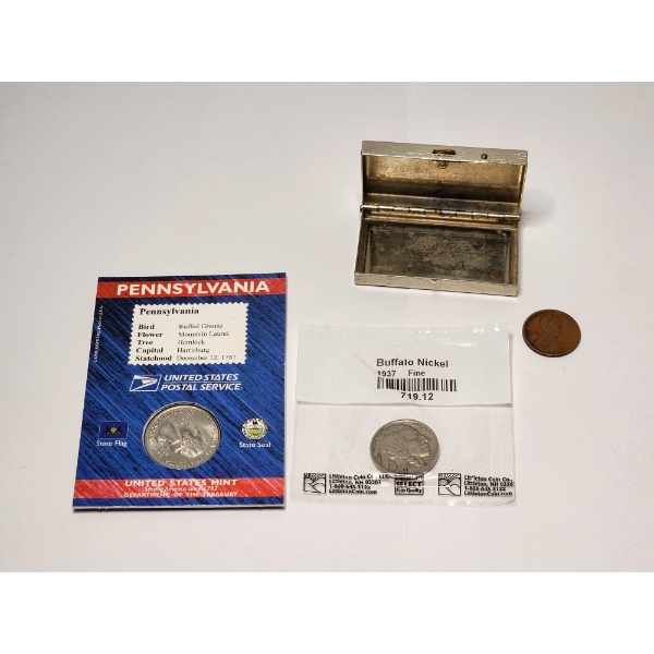 1999 Pennsylvania State Quarter & Stamp Set, Fine 1937 Buffalo Nickel, 1917 Wheat Penny