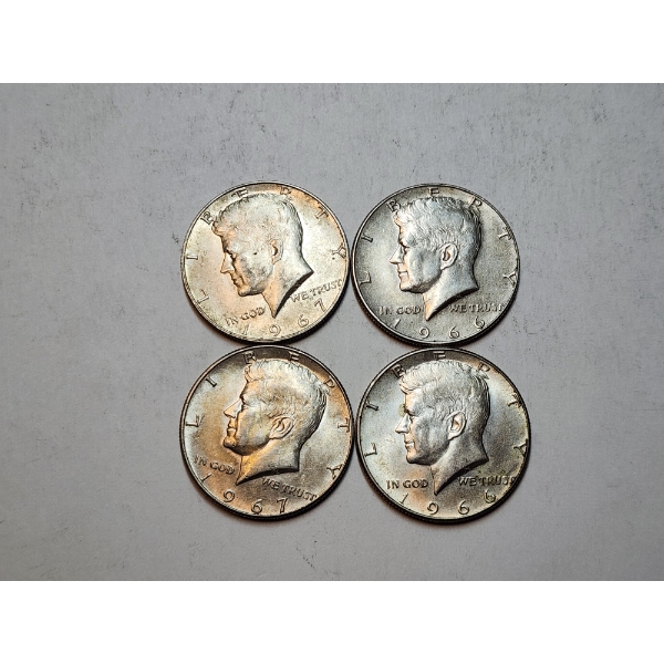Lot of 4 Kennedy 40% Silver Half Dollars x2 1966 & x2 1967