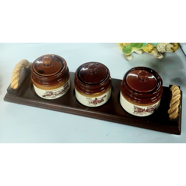 3 Pc Mini Bean Bowl Set In Wooken Display Rack - See Pics