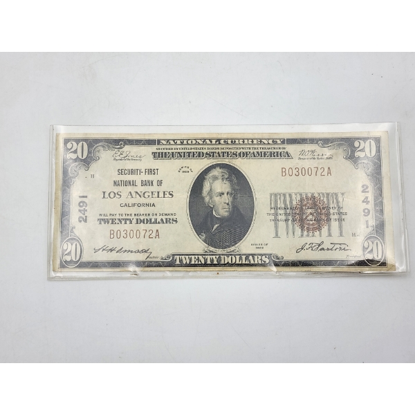 RARE High-Grade U.S. Series 1929 $20 Banknote National Currency - First National Bak of Los Angeles