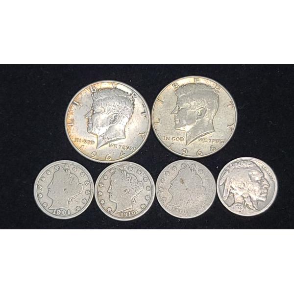 1964 90% Silver Kennedy Half Dollar, 1966 40% Silver Half Dollar & Assorted Liberty/Buffalo Nickels