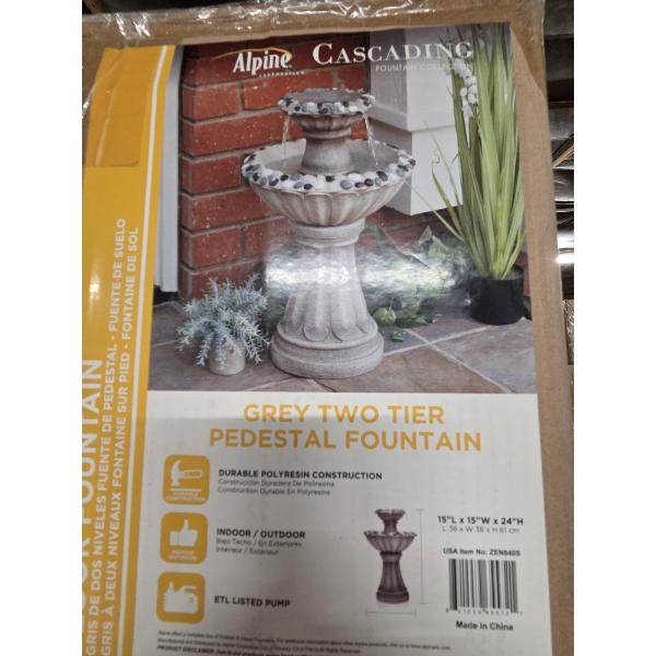 New In Box- Alpine Gray 2 Tier Fiberglass Pedestal Fountain 15L x 15 W x 24 H