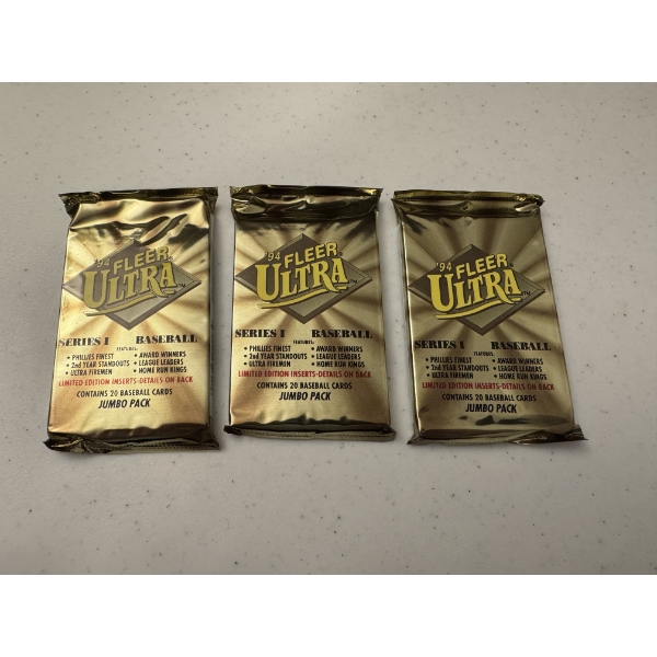 3 - Unopened 1994 Fleer Ultra Jumbo Series 1 Baseball Card Packs - Mint Condition