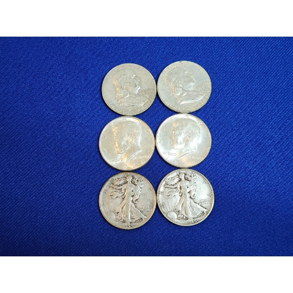 x6 Assorted 90% Silver Half Dollars: Franklin, Kennedy, Walking Liberty FV: $3.00