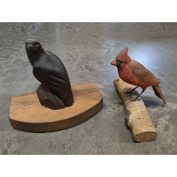 Magestic Hand Carved Eagle On Wood Base And Pretty Carved Cardinal On Branch