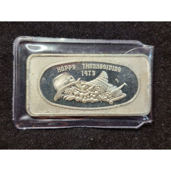 Vintage 1973 Happy Thanksgiving Great Lakes Mint 1 Troy Ounce .999 Fine Silver Bar