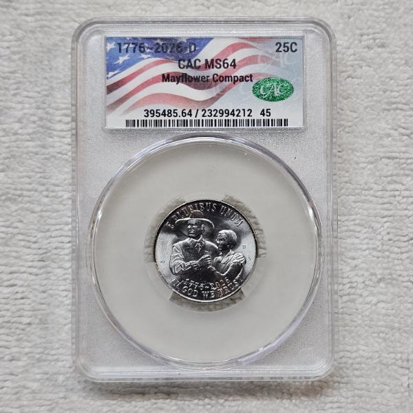 1776~2026-D 25C Mayflower Compact CAC MS64 Commemorative Quarter Dollar Coin