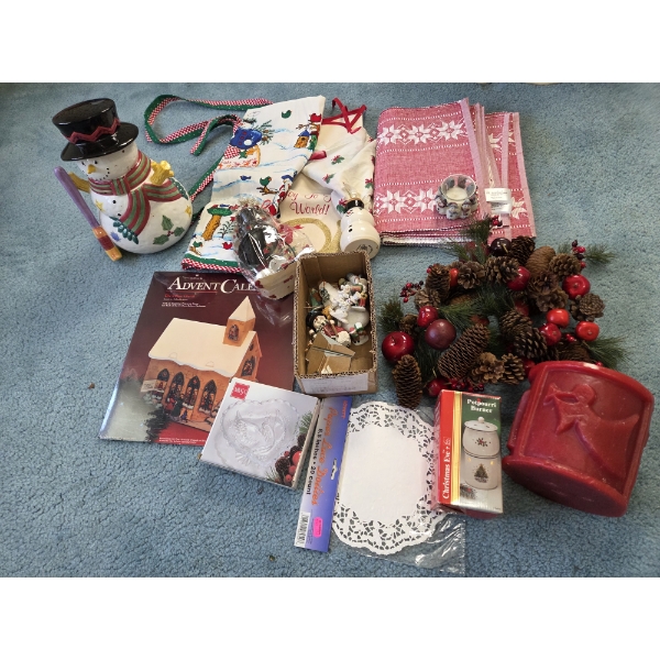 PICKUP IN CANTON - Large Collection Of Christmas Items Including Cookie Jar, New Aprons, Advent Cale