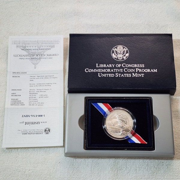 Library of Congress Uncirculated Silver Dollar Coin - 90% Silver w/ OGP Box & CoA