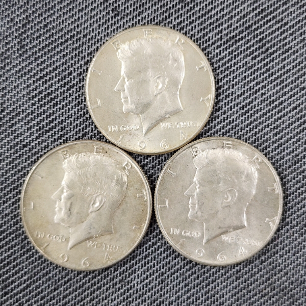 Three 90% Silver 1964 United States Kennedy Half Dollars ~ $1.50 Face Value