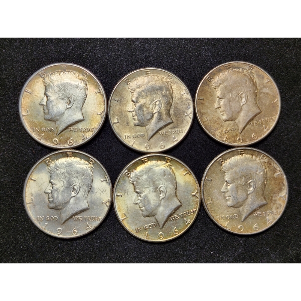 Six 1964 Kennedy 90% Silver Half Dollars - $3.00 Face Value