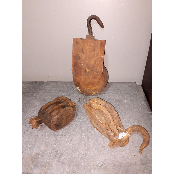 Group Of 3 Antique Wooden Pully / Blocks - One With Hook  See Pics