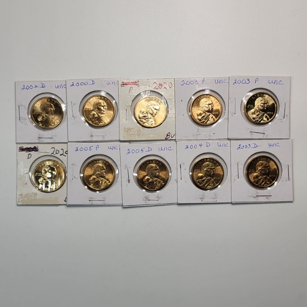 Lot of 10 Assorted Uncirculated U.S. Sacagawea Dollars - Face Value: $10.00