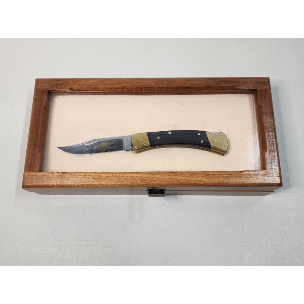 Buck USA 110 Hunter Knife With Gold-Tone Accents in Nice Glass-Top Display Case