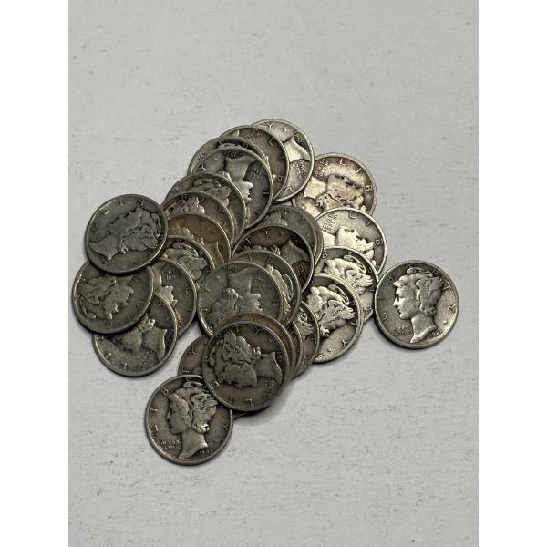 Lot of 30, 90% Silver Assorted Year Mercury Dimes, FV $3.00