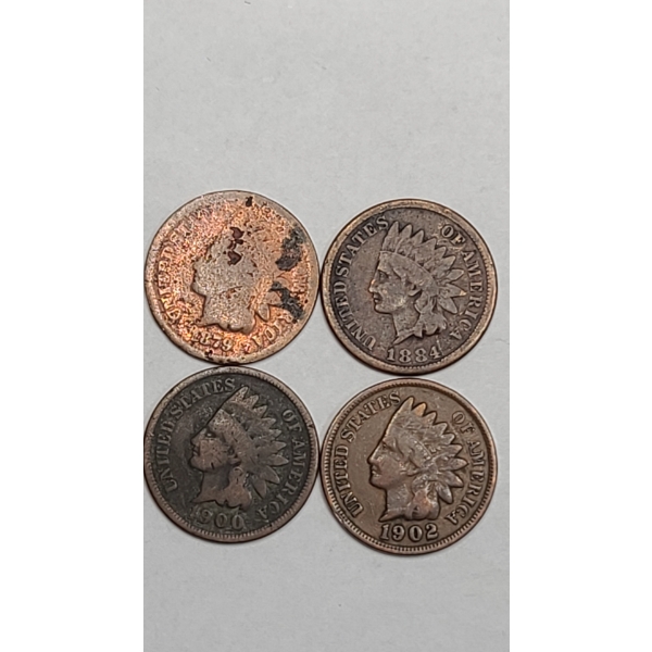 1879, 1884, 1900, 1902 Indian Head Cents - Face Value: $0.04