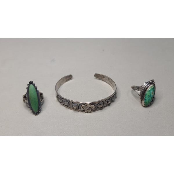 Sterling Silver Southwestern Style Cuff Bracelet & Rings With Turquoise - Total Weight: 26.1g