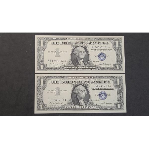 (2) Crisp Consecutive U.S Series 1957 $1 Silver Certificate Bank Notes - Excellent Condition