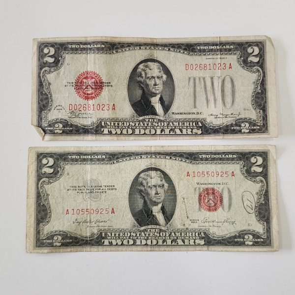 Two United States Red Seal $2 Notes: 1928 D & 1953 - Face Value $4.00