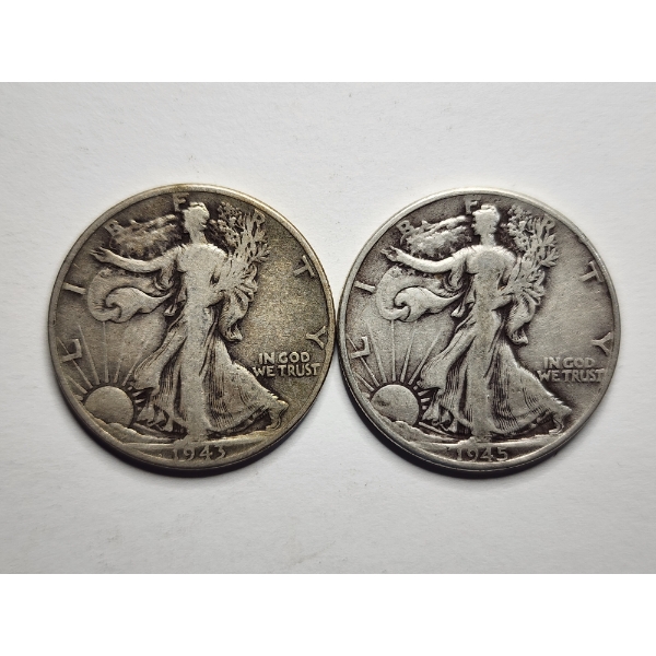 Two Walking Liberty 90% Silver Half Dollars ~ 1943 & 1945 ~ $1.00 Face Value
