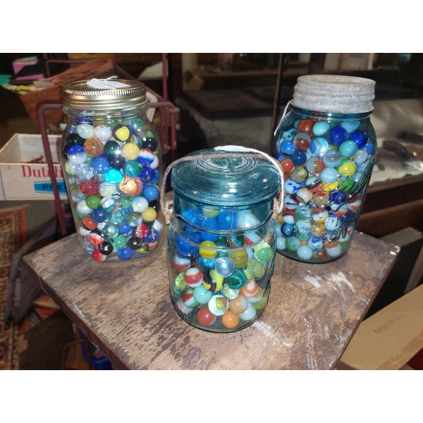 Vintage Marbles - 3 Pcs - Mason Jars Full Of Marbles - Atlas &Ball Jars - See Pics 
