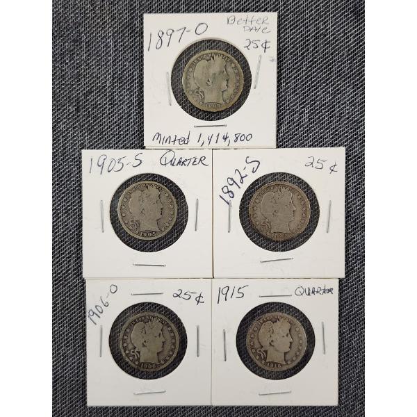 Five Assorted 90% Silver United States Barber Quarters ~ $1.25 Face Value!