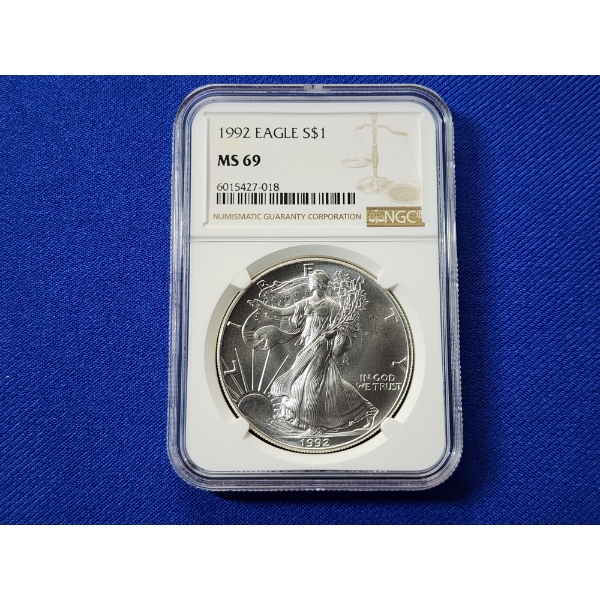 1992 $1 American Siver Eagle 1 oz Fine Silver Graded by NGC MS 69