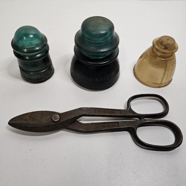 Vintage Utility Items: Three Electrical Line Insulators and a Pair of Industrial Sheet Metal Shears