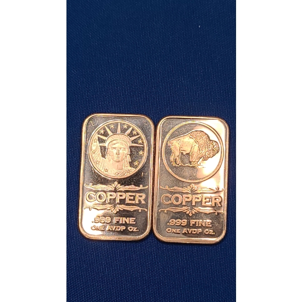 (2) 1 AVDP oz .999 Fine Copper Bars ft. Buffalo Design & Statue of Liberty Motif