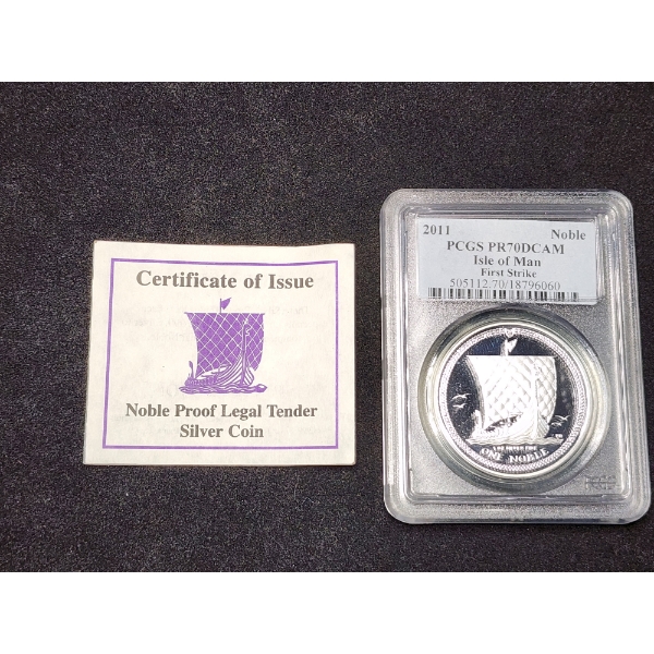 2000 PCGS SPR70 DCAM First Strike Isle Of Man 1 Oz 999  Silver Proof Noble Coin