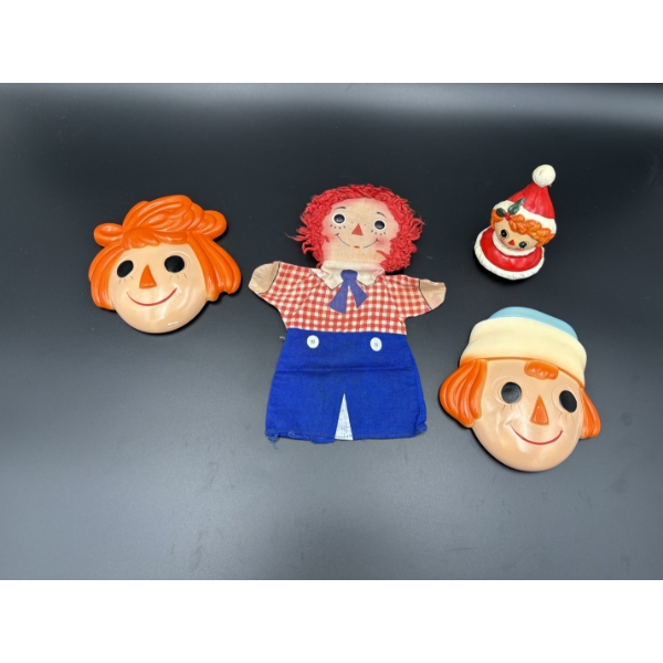 Raggedy Ann Collectibles - Raggedy Andy Hand Puppet - Plaster Chalkware Raggedy Andy and Ann Faces 