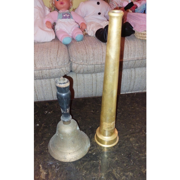 Vintage Brass Firefighting Hose Nozzle & School Bell As Shown