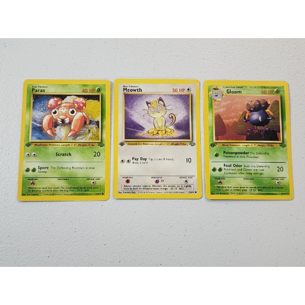 Three 1st Edition Vintage Pokemon Cards: Paras 59/64, Meowth 56/64, & Gloom 37/64