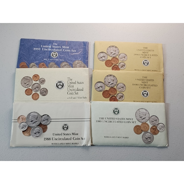 x6 P&D U.S. Mint Uncirculated Coin Sets: 1991, 1992, 1988, 1990, 1990, 1989