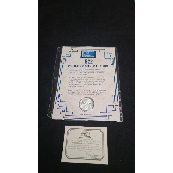 1922-S Silver Peace Dollar in First Commemorative Mint Display With Stamp