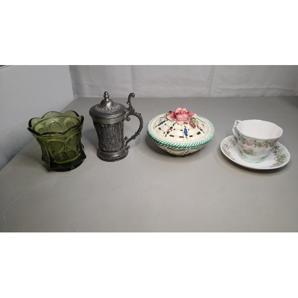 Lot Of Assorted Vintage Kitchenware Pieces Ft Green Fosteria Glass Candy Dish