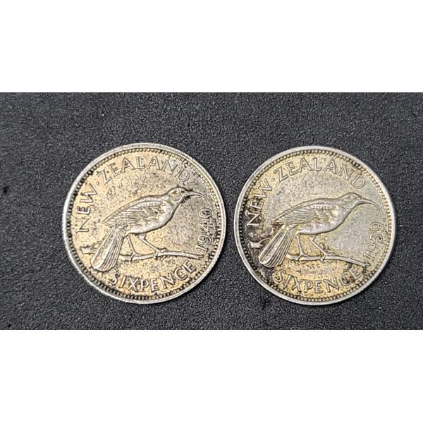 New Zealand 1939 & 1940 50% Silver Six Pence Coins - ASW: 0.0455 oz