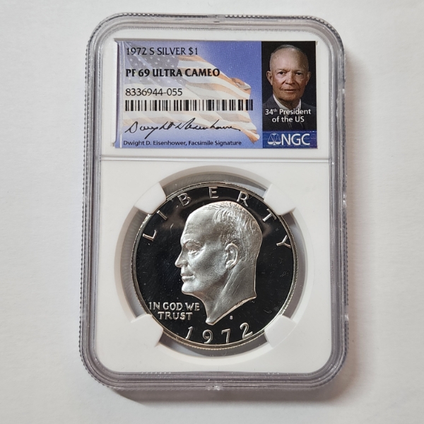 NGC PF 69 Ultra Cameo 1972-S Silver Eisenhower Dollar w/ Facsimile Signature 