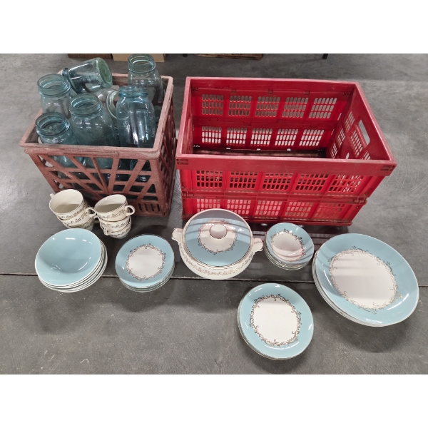 Vintage Tiffany Blue, Gold & Cream Lifetime China Co. Alliance Ohio Dish Set & Blue Canning Jars