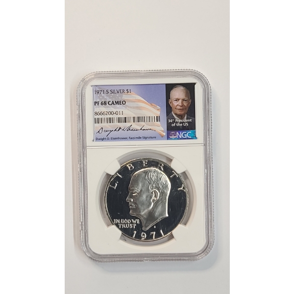 NGC 1971-S PF 68 CAMEO 40% Silver Eisenhower Dollar With Facsimile Eisenhower Signature 
