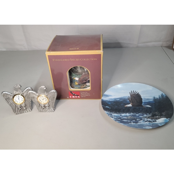 Eagle Decorative WF George Porcelain Plate, Pewter Spoontiques Mini Clocks & CRES Musical Snow Globe