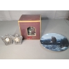 Image 1 : Eagle Decorative WF George Porcelain Plate, Pewter Spoontiques Mini Clocks & CRES Musical Snow Globe