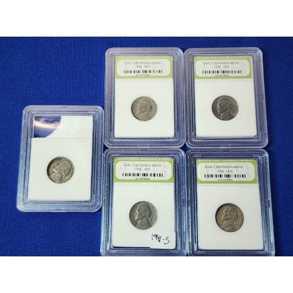 x5 INB Early Jefferson Nickels: 1948, 1948-D, 1952-S, 1962-D, 1941-S