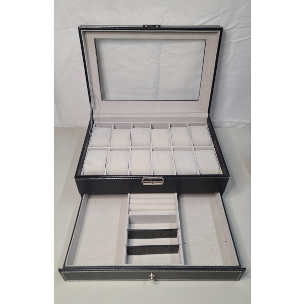 Black 2-Tier 12 Slot "11.8 x 5.1 x 7.8" Locking Watch & Jewelry Organizer With Glass Lid & Key