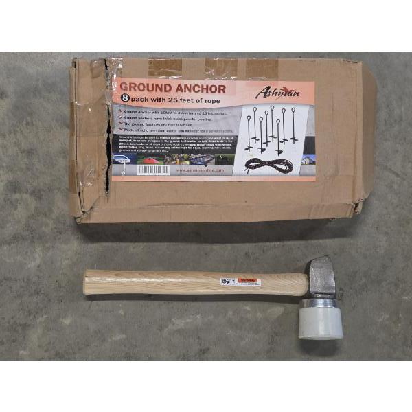  New 8 Piece Ground Anchor With 25ft Rope & New Mallet 