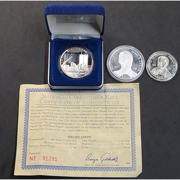 .999 Pure Ground Zero Recovery Silver Clad Bronze Coin, Public Of Liberia Silver Proof Coins & More